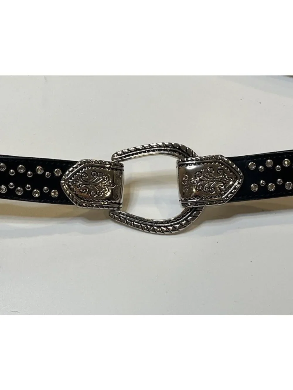 Genuine Leather Western Studded Belt Silver Horseshoe Buckle Black 40